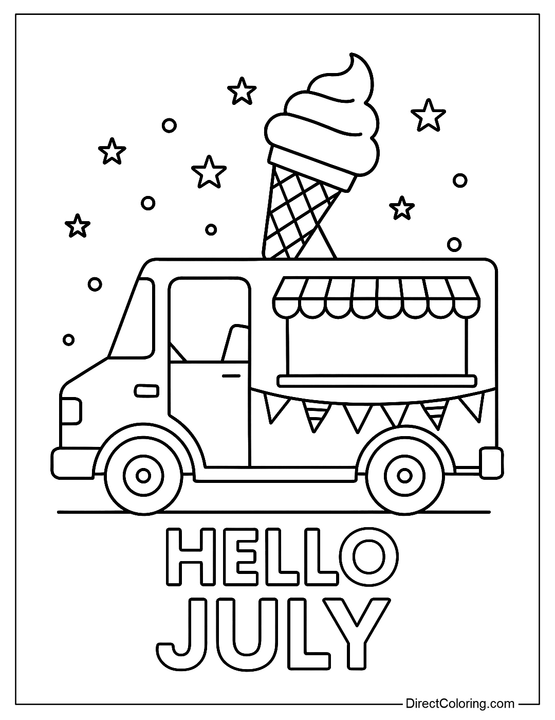 A coloring page of an ice cream truck decorated with a red and white flag and a sign that says 